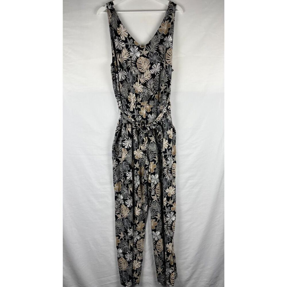 J.Jill Wearever Womens Floral Wide Leg Jumpsuit XL Palm Leaves Pockets Stretch